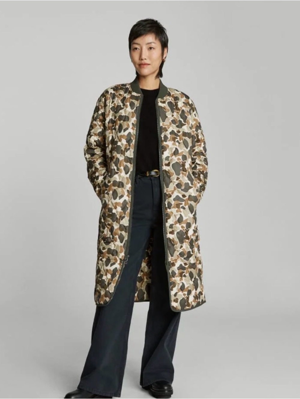 Everlane THE RENEW LONG LINER Quilted lightweight Camo Puffer Coat oversized XS
